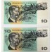 AUSTRALIA 1968 . TEN 10 DOLLAR BANKNOTES . PHILLIPS/RANDALL . CONSECUTIVE PAIR